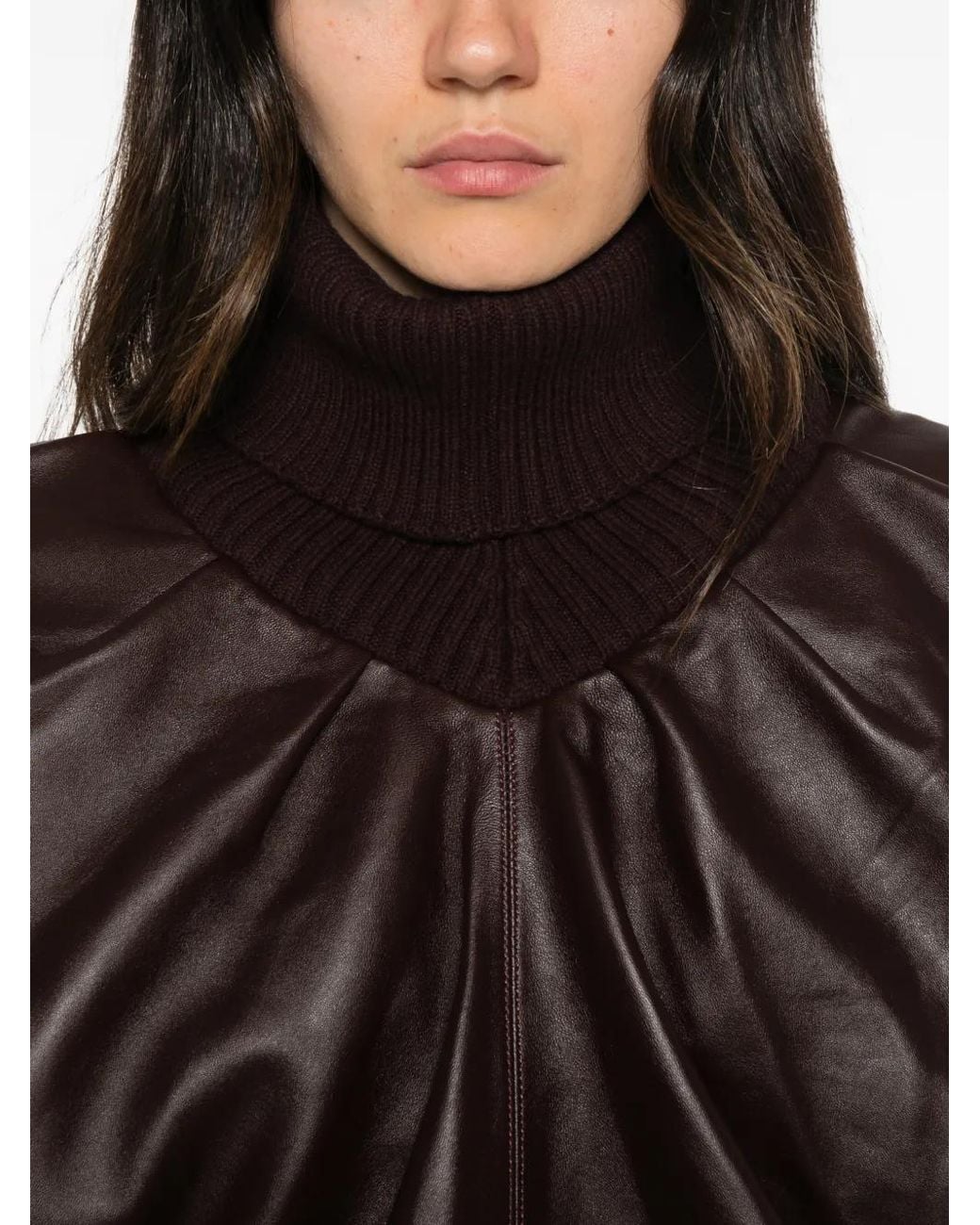 Victoria Beckham Brown Knitted-Collar Leather Top