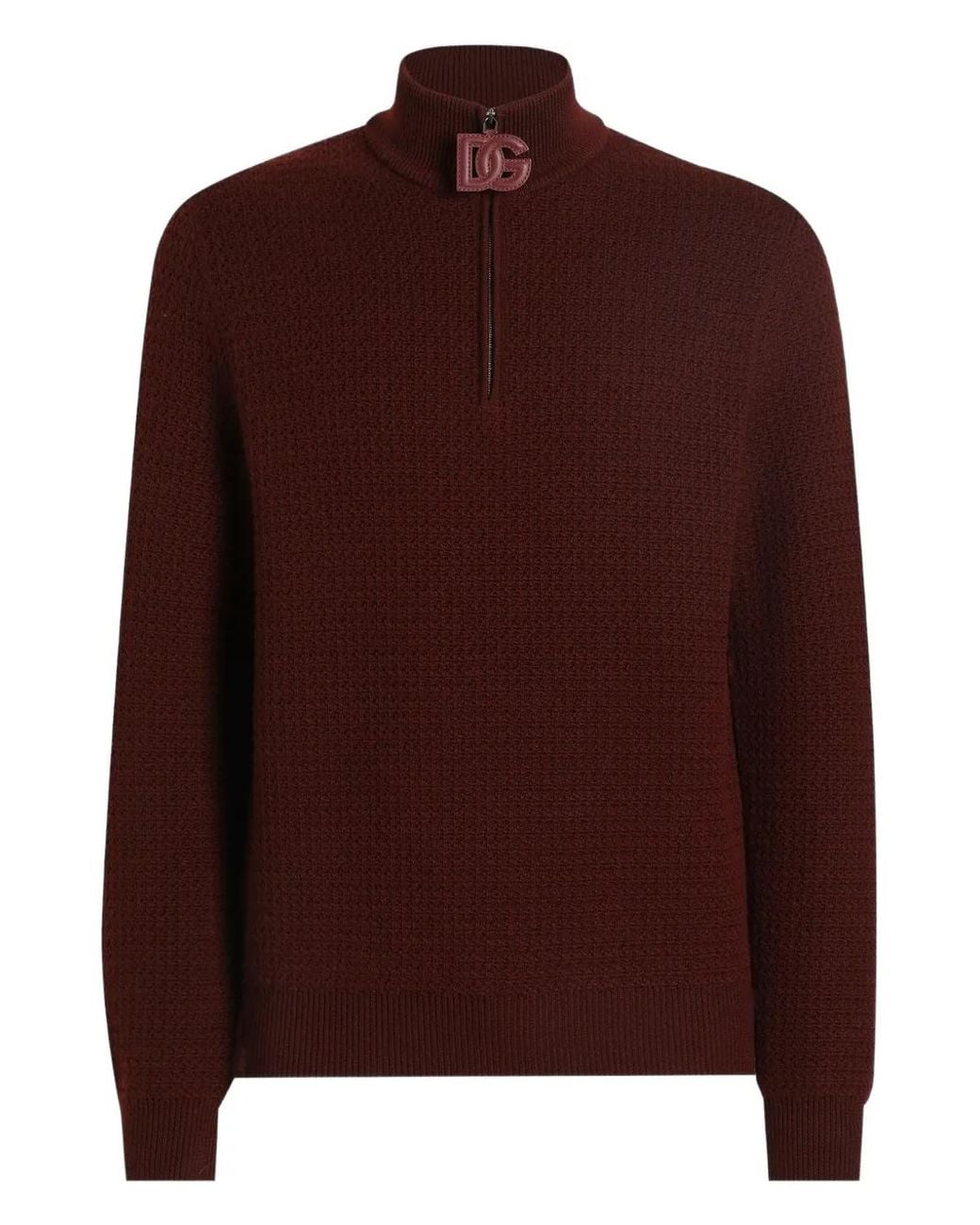 Dolce & Gabbana Brown Half-Zip Waffle-Knit Sweater for men