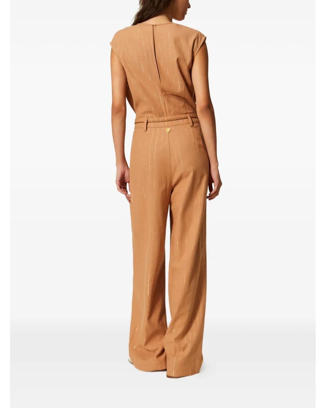 Twinset Natural Pinstriped Belted Jumpsuit