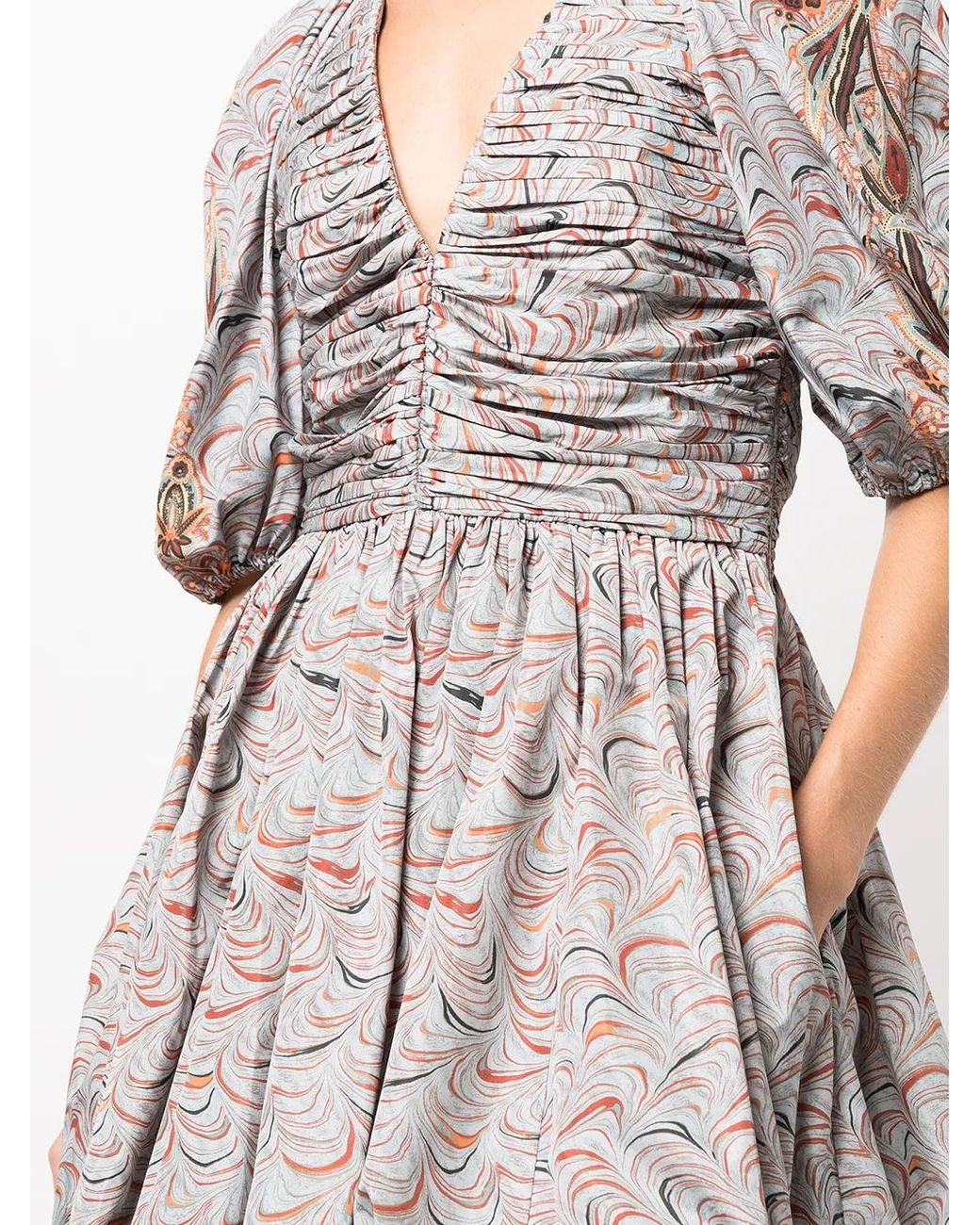 Ulla Johnson Gray Marbled Puff-Sleeve Ruched Dress