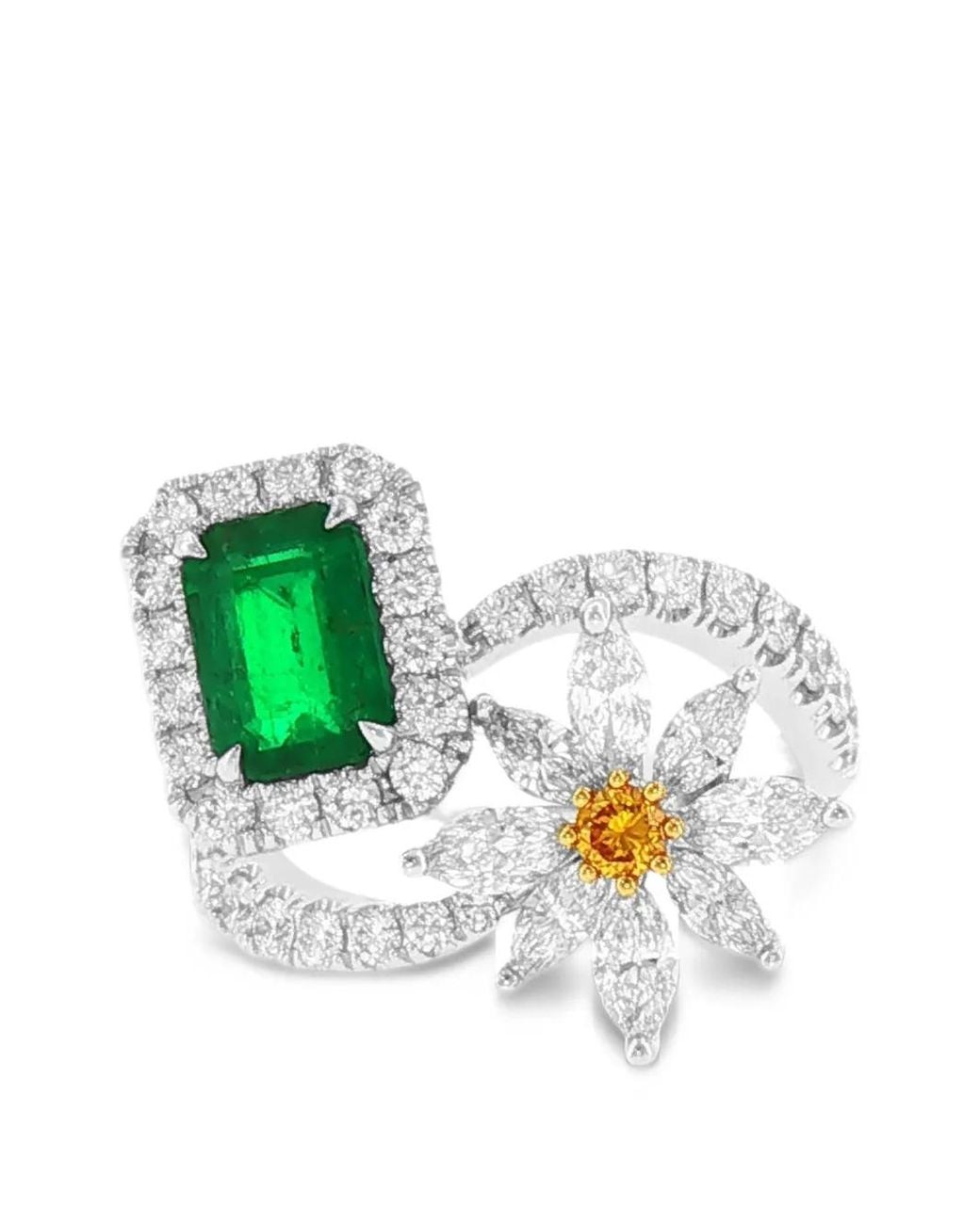HYT Jewelry White Emerald And Diamond Flower Ring