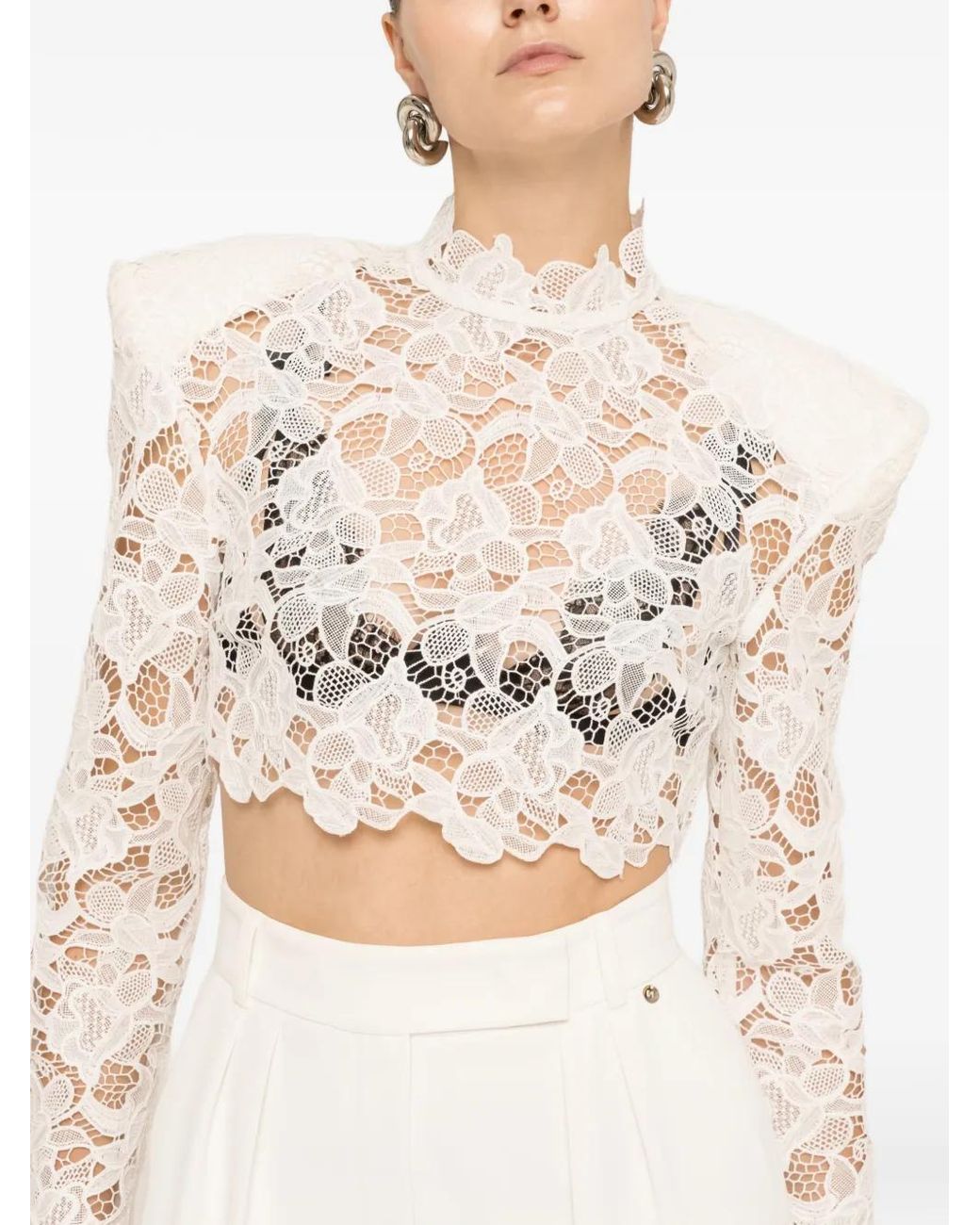Nissa Natural Structured-Shoulder Lace Crop Top