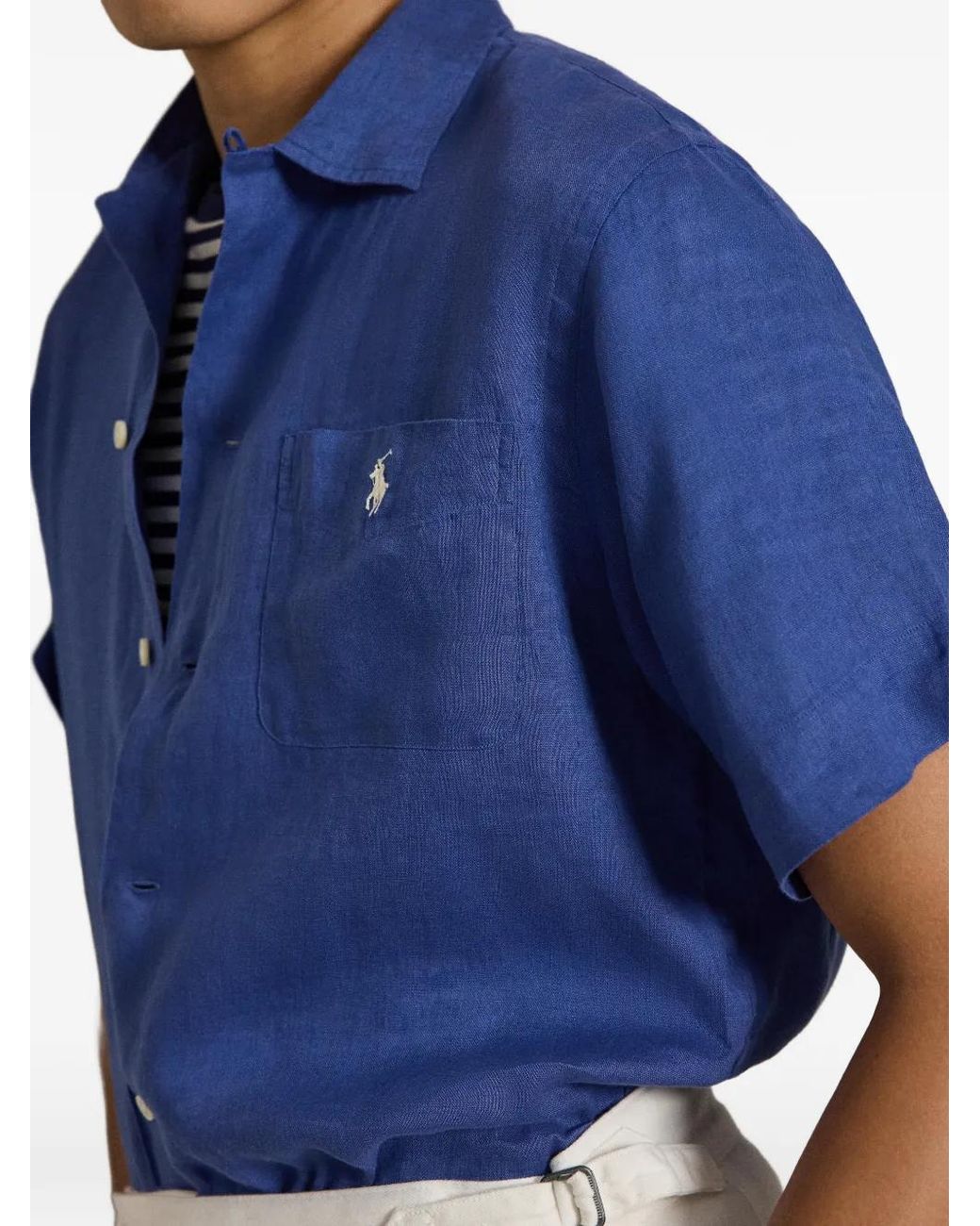 Polo Ralph Lauren Blue Embroidered Pocket Linen Shirt for men