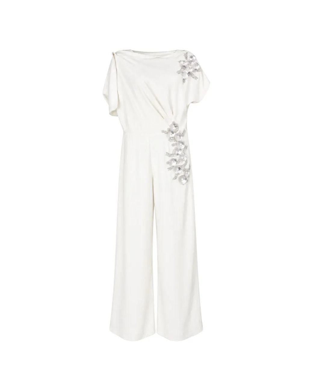 Loodyana White Floral-Embroidered Short-Sleeve Jumpsuit