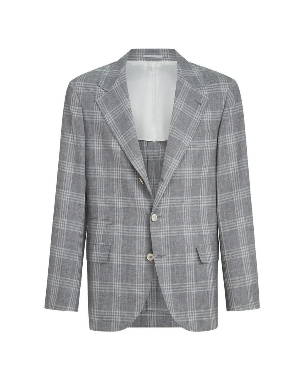 Brunello Cucinelli Gray Wool, Silk And Linen Tartan Deconstructed Blazer for men