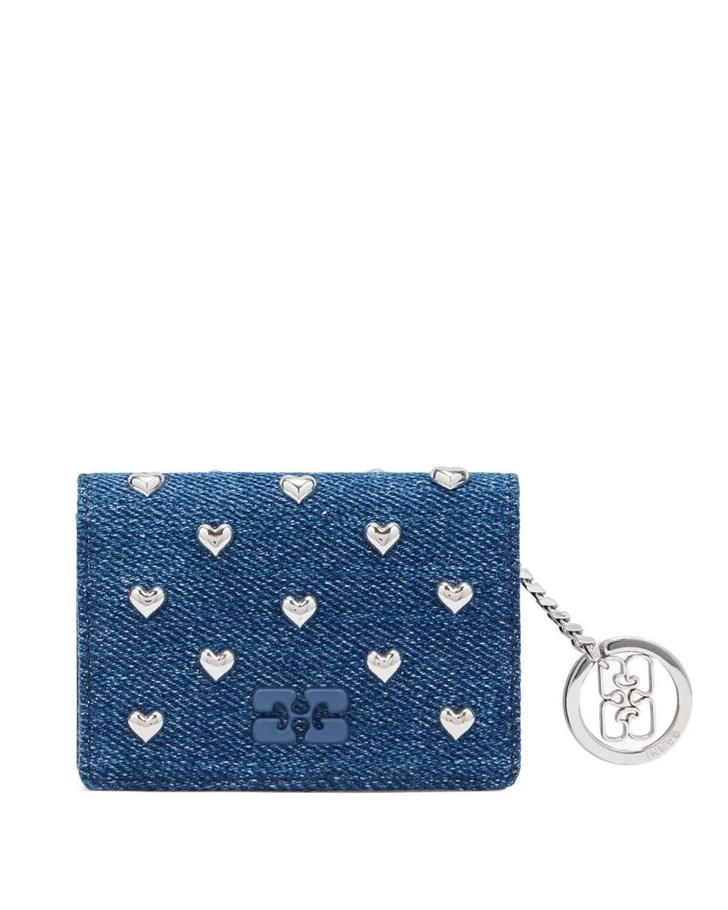 Ganni Blue Bou Card Holder With Flap Heart Studs