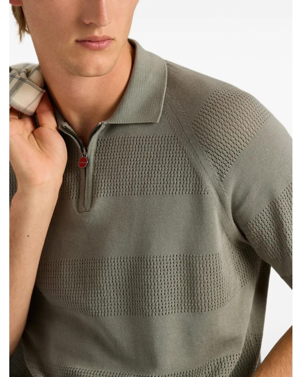 Kiton Green Openwork-Stripe Zipped Polo Shirt for men