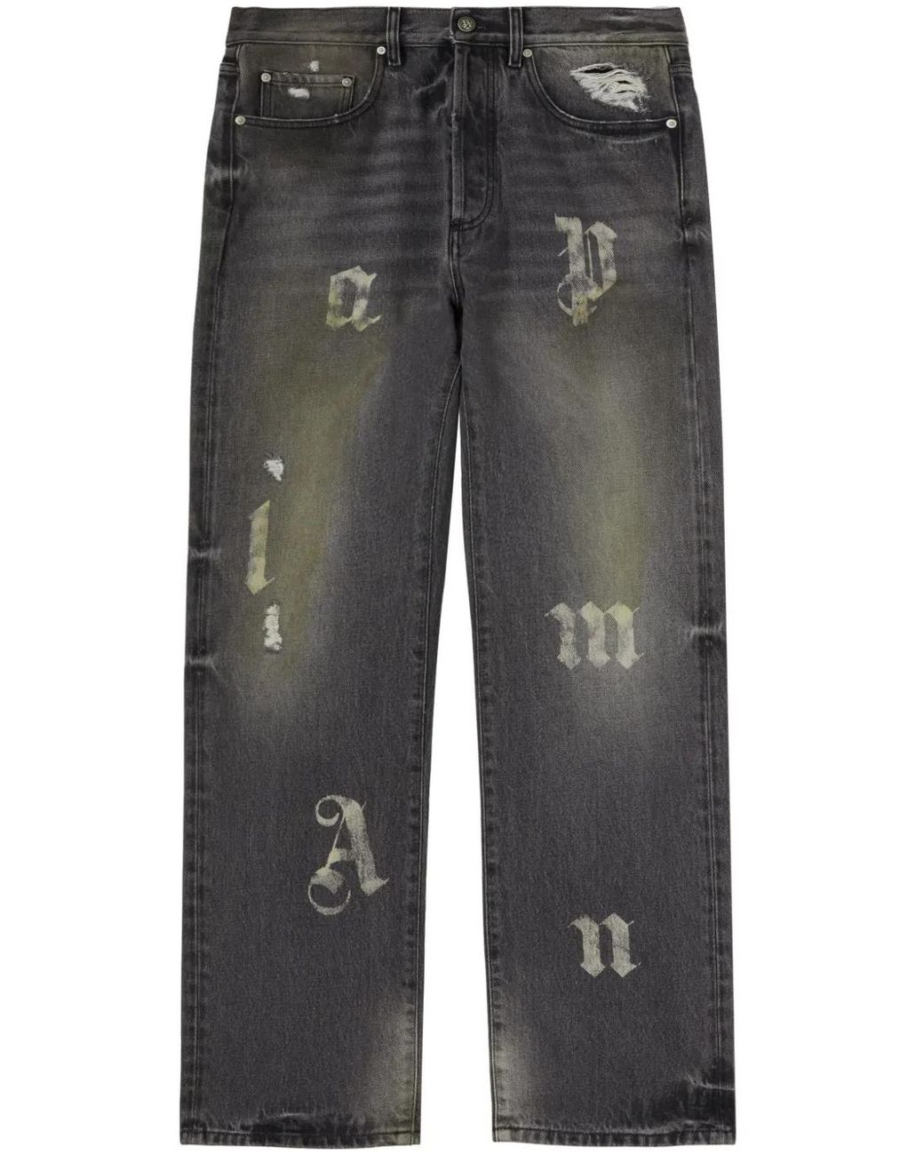 Palm Angels Gray Logo-Patch 5 Pockets Loose Jeans for men