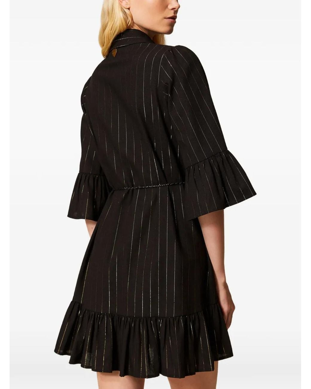 Twinset Black Pinstriped Ruffled Mini Dress