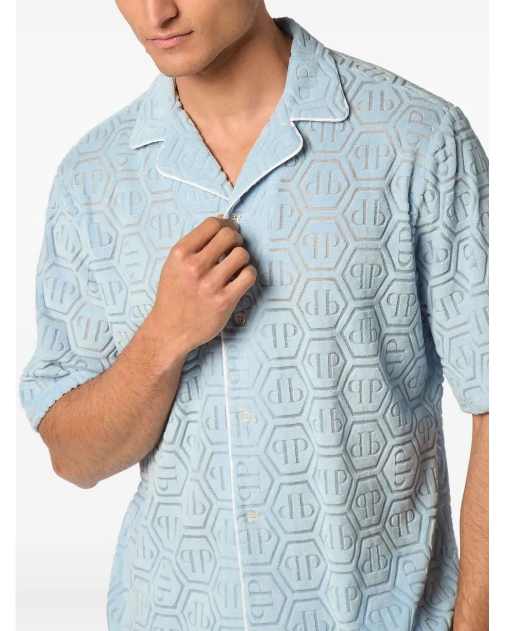 Philipp Plein Blue Jacquard-Monogram Bowling Shirt for men