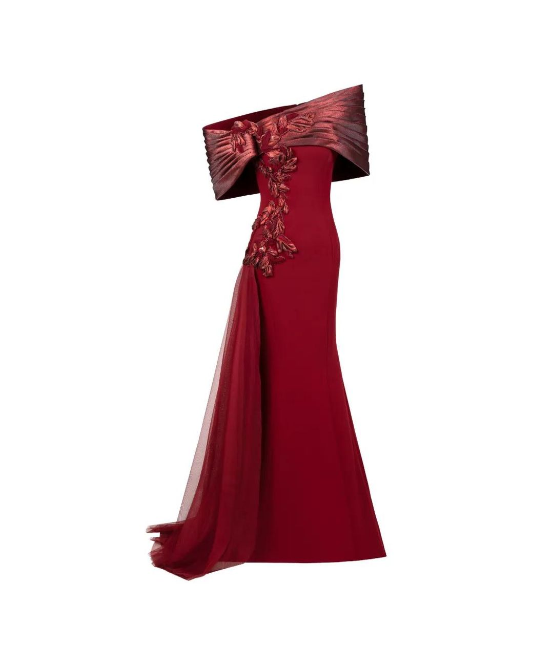 Gaby Charbachy Red Robe Longue À Fleurs Et À Épaules Dénudées