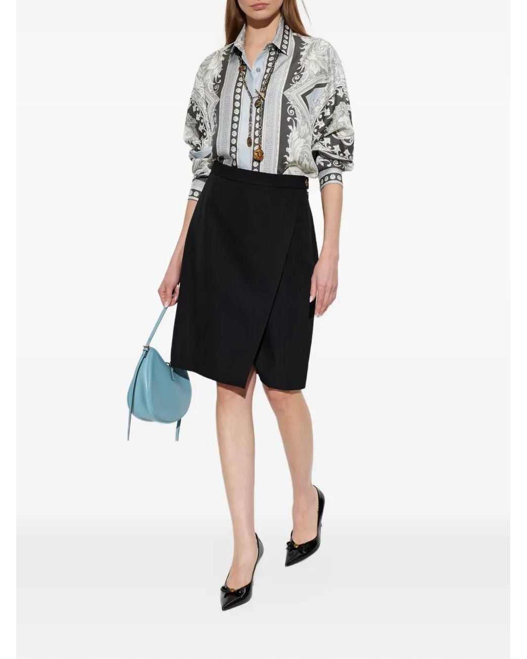 Versace Black Grain-De-Poudre Wool Midi Skirt