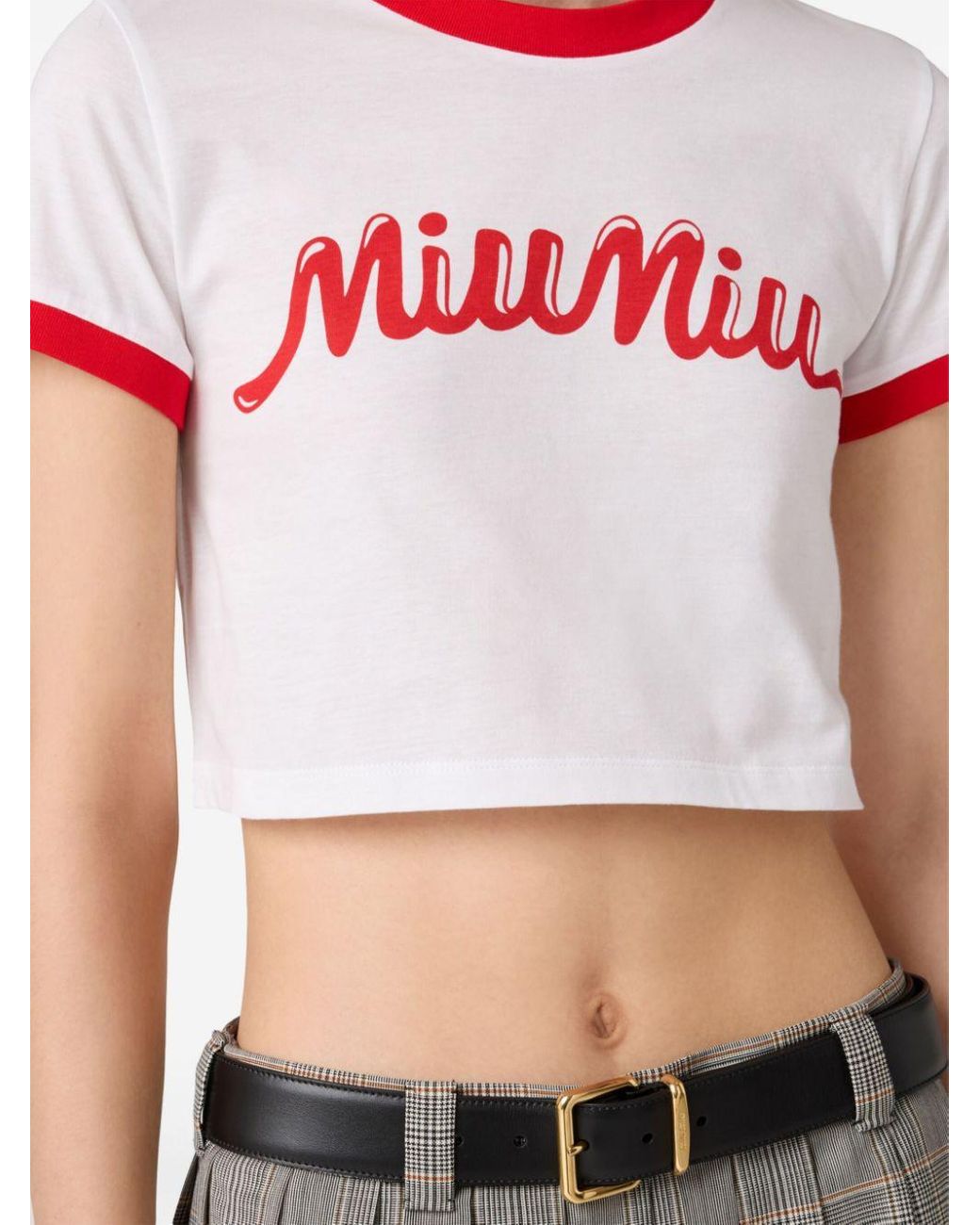 ★MiuMiu★ Logo Print Crop Short Sleeve T-Shirt White Red MJ Miu Miu Logo-print Cropped T-shirt in Natural | Lyst Australia