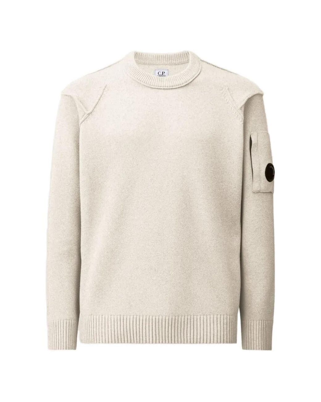 C P Company White Lambswool Lens Crewneck Contrast Sweater for men