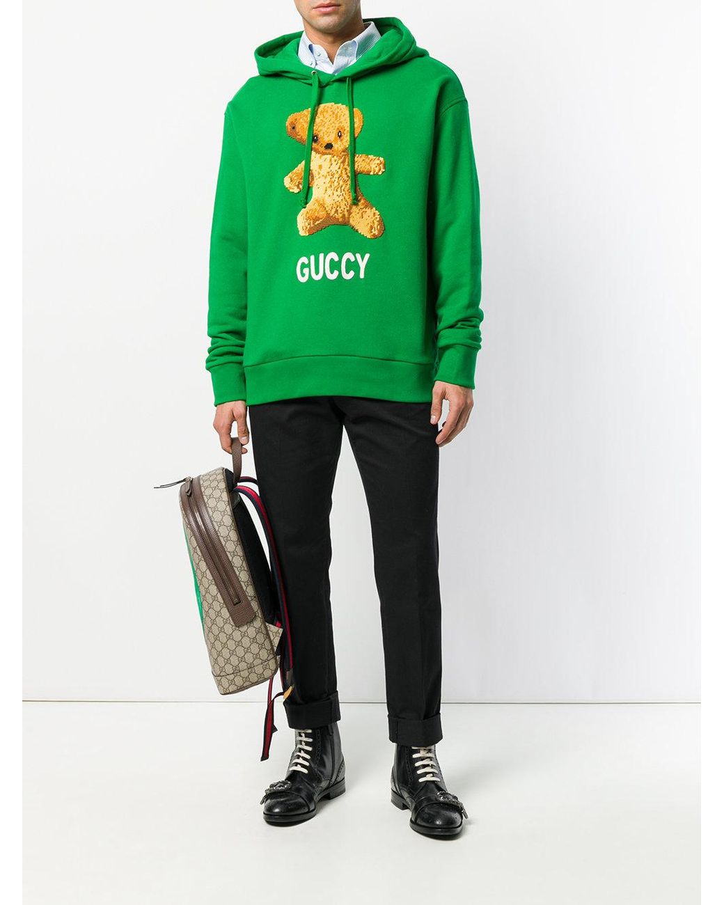 Gucci Cotton Embroidedered Teddy Bear Hoodie in Green for Men | Lyst
