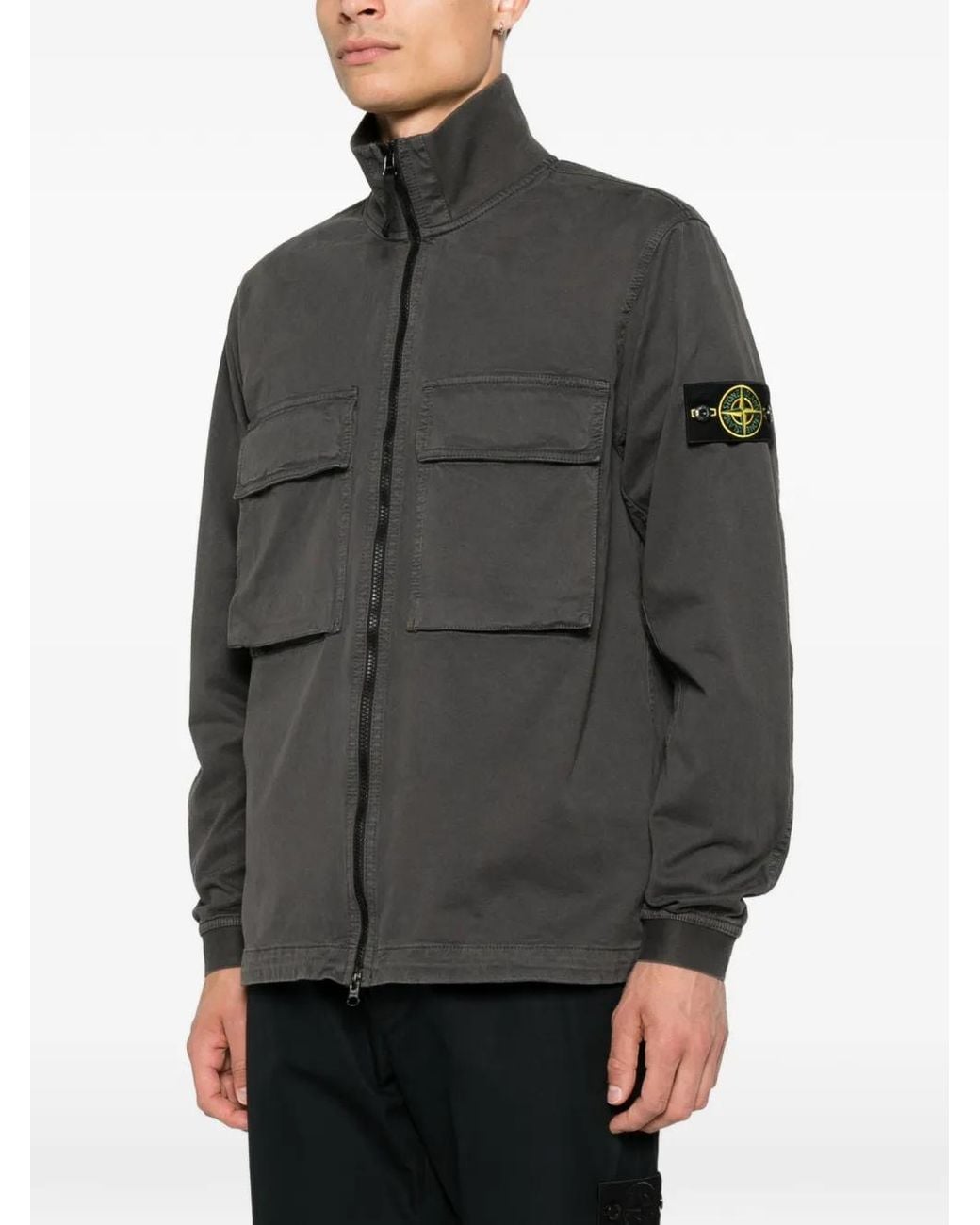 Stone Island Black Logo-Patch Zip-Up Shirt Jacket for men
