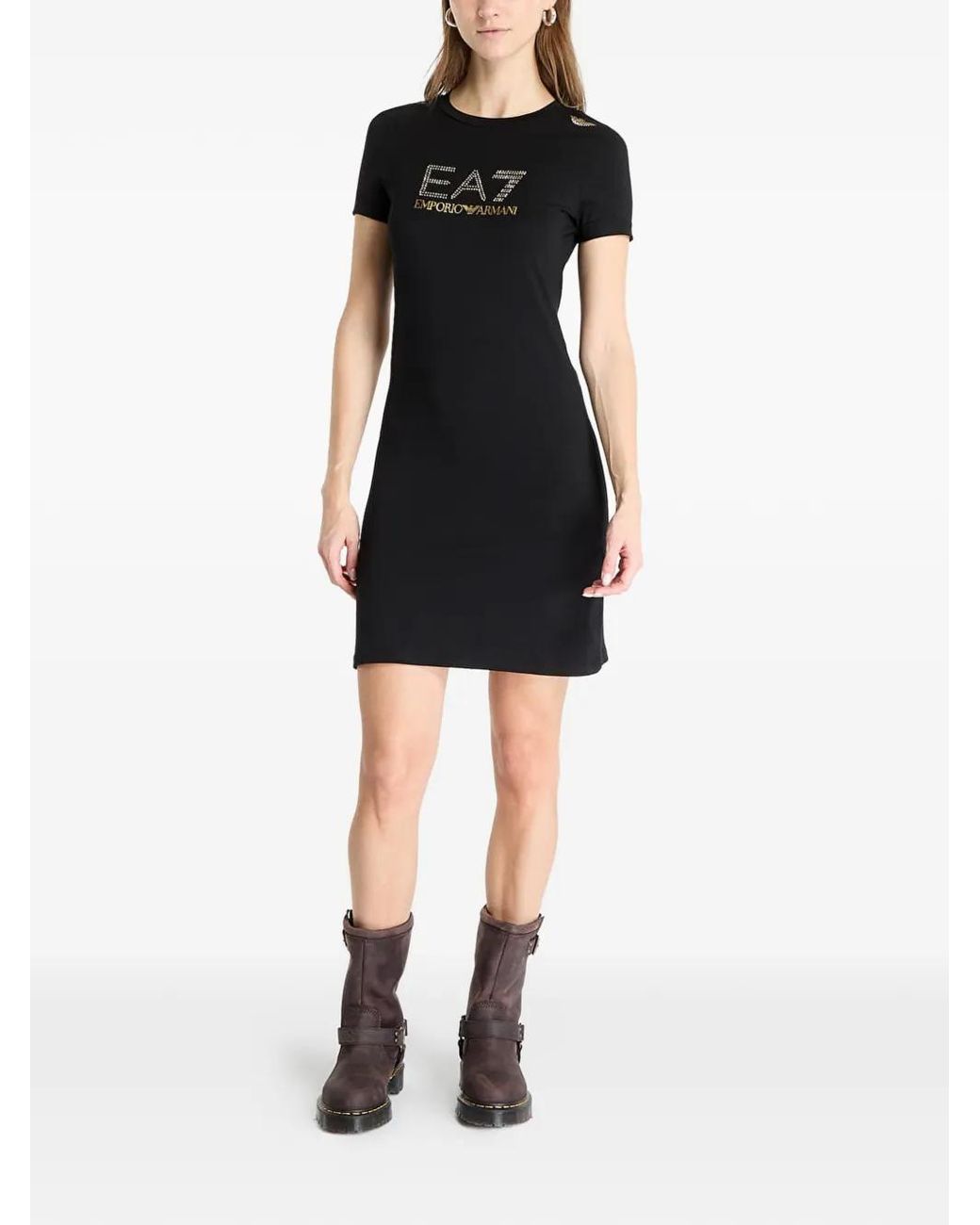 EA7 Black Crew Neck Logo-Detail Mini Dress