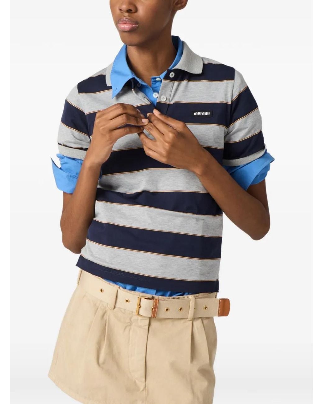 Miu Miu Blue Striped Jersey Polo Shirt
