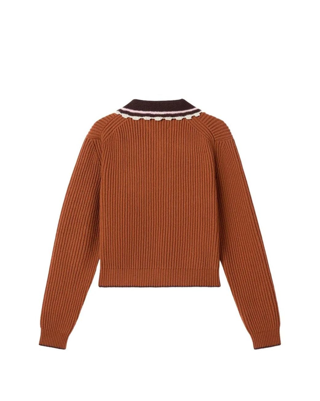 LaDoubleJ Brown Crochet-Trim Ribbed-Knit Sweater