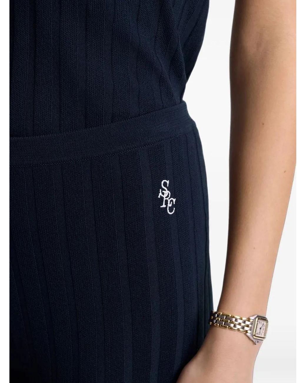 Sporty & Rich Blue Ribbed-Knit Embroidered-Logo Trousers
