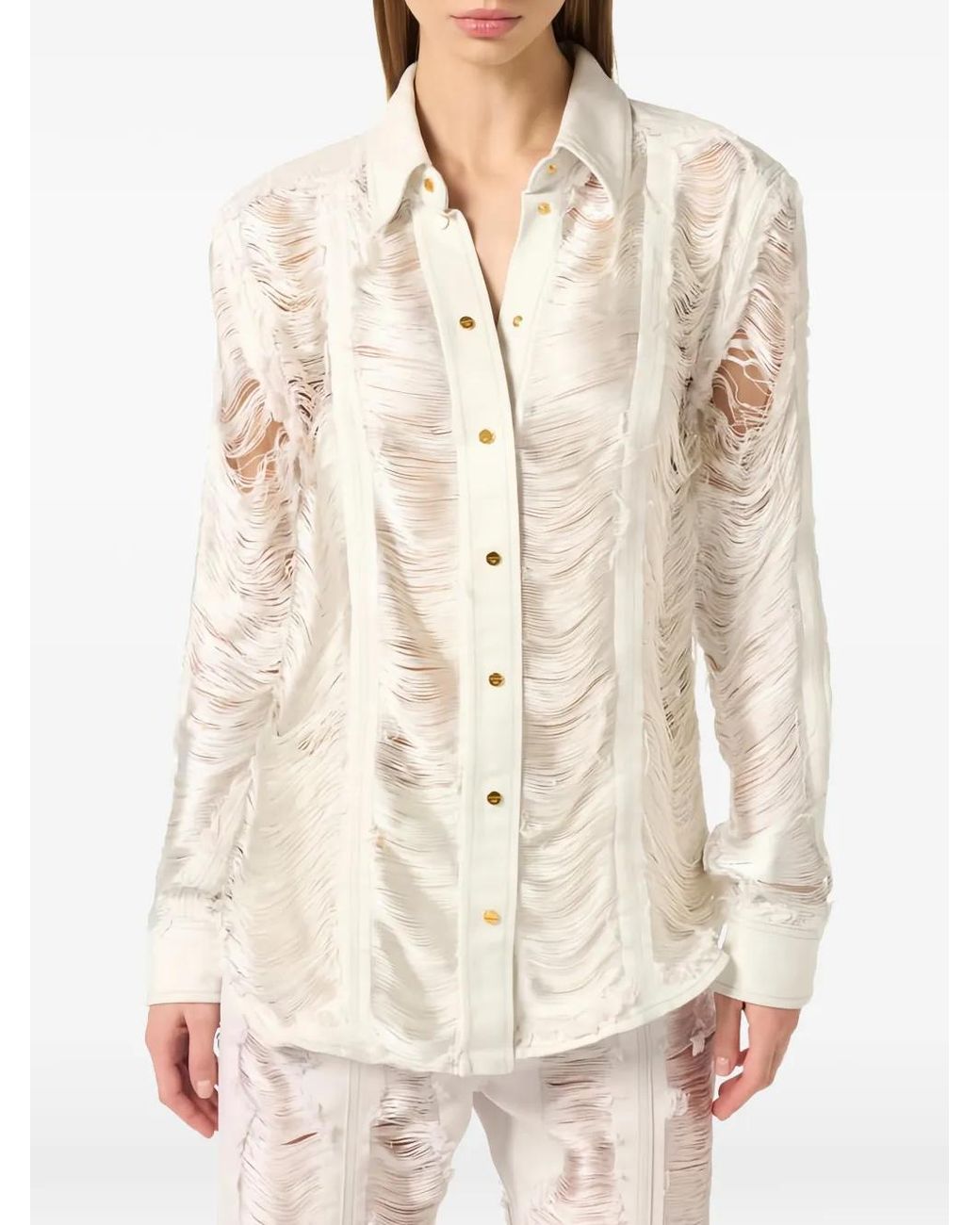 Elisabetta Franchi White Distressed Fringed Shirt