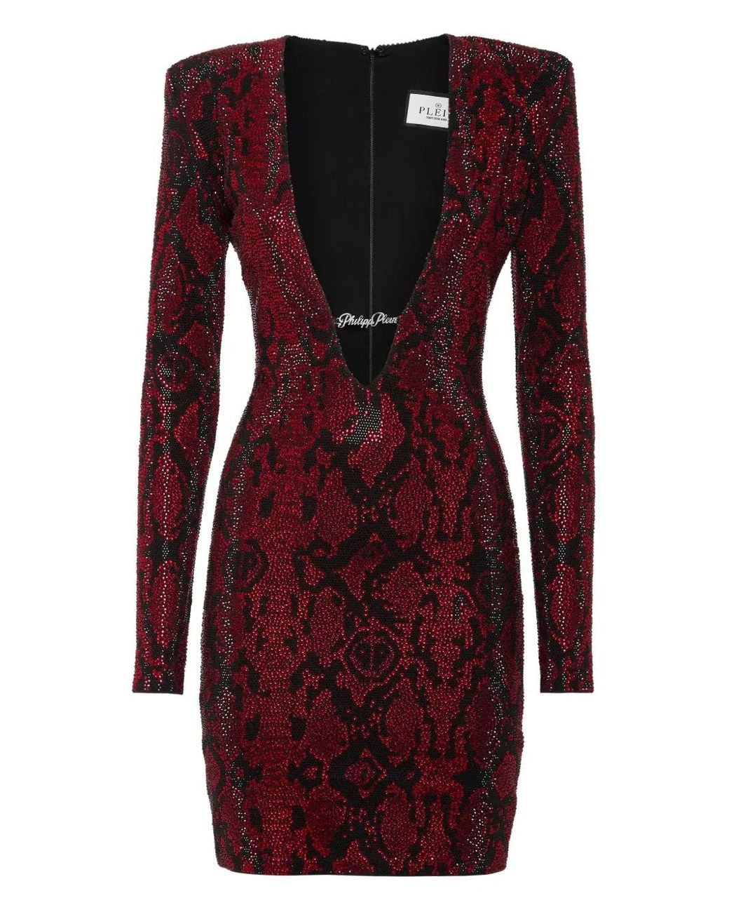 Philipp Plein Red Long-Sleeved Mini Dress Python Strass
