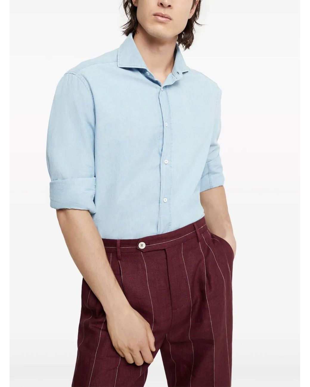 Brunello Cucinelli Blue Spread-Collar Shirt for men