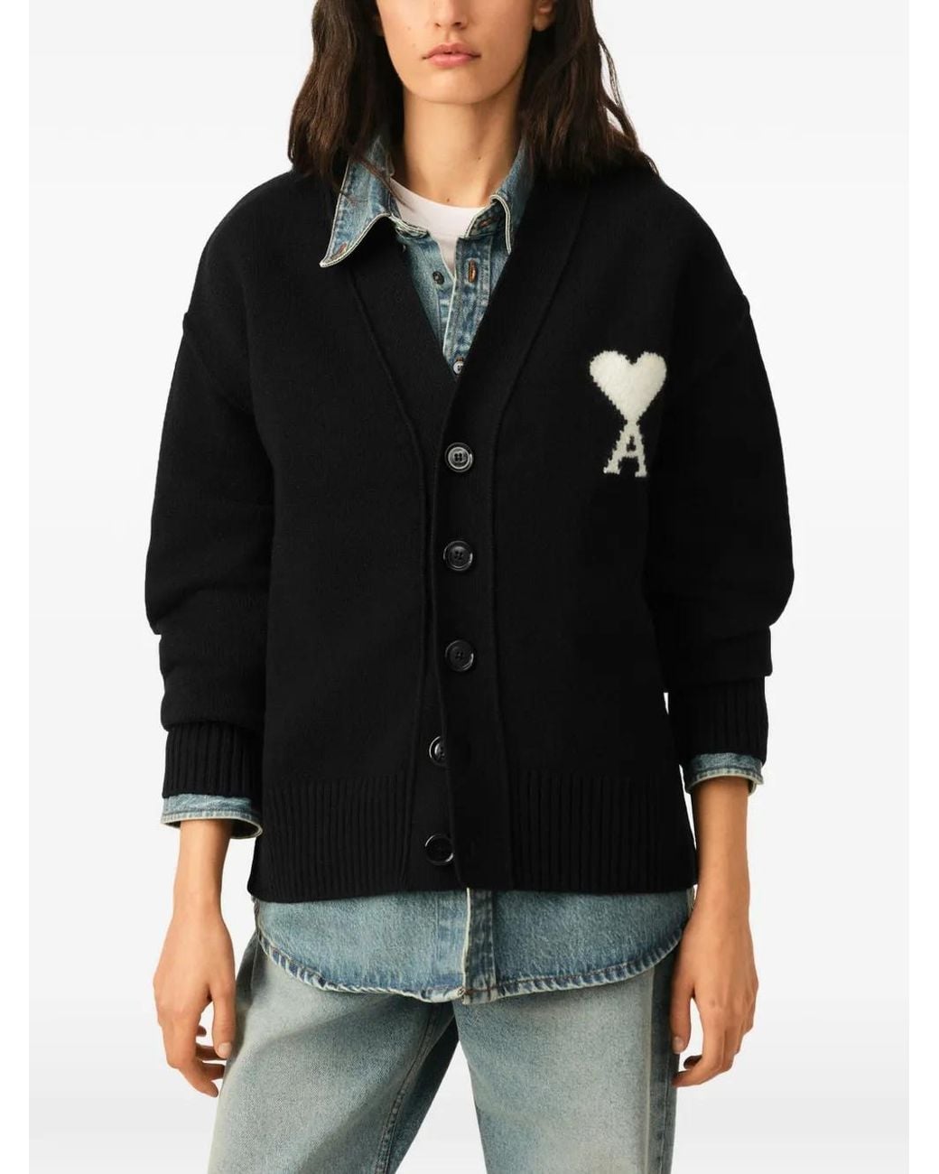AMI Black Wool Cardigan With Ami De Coeur