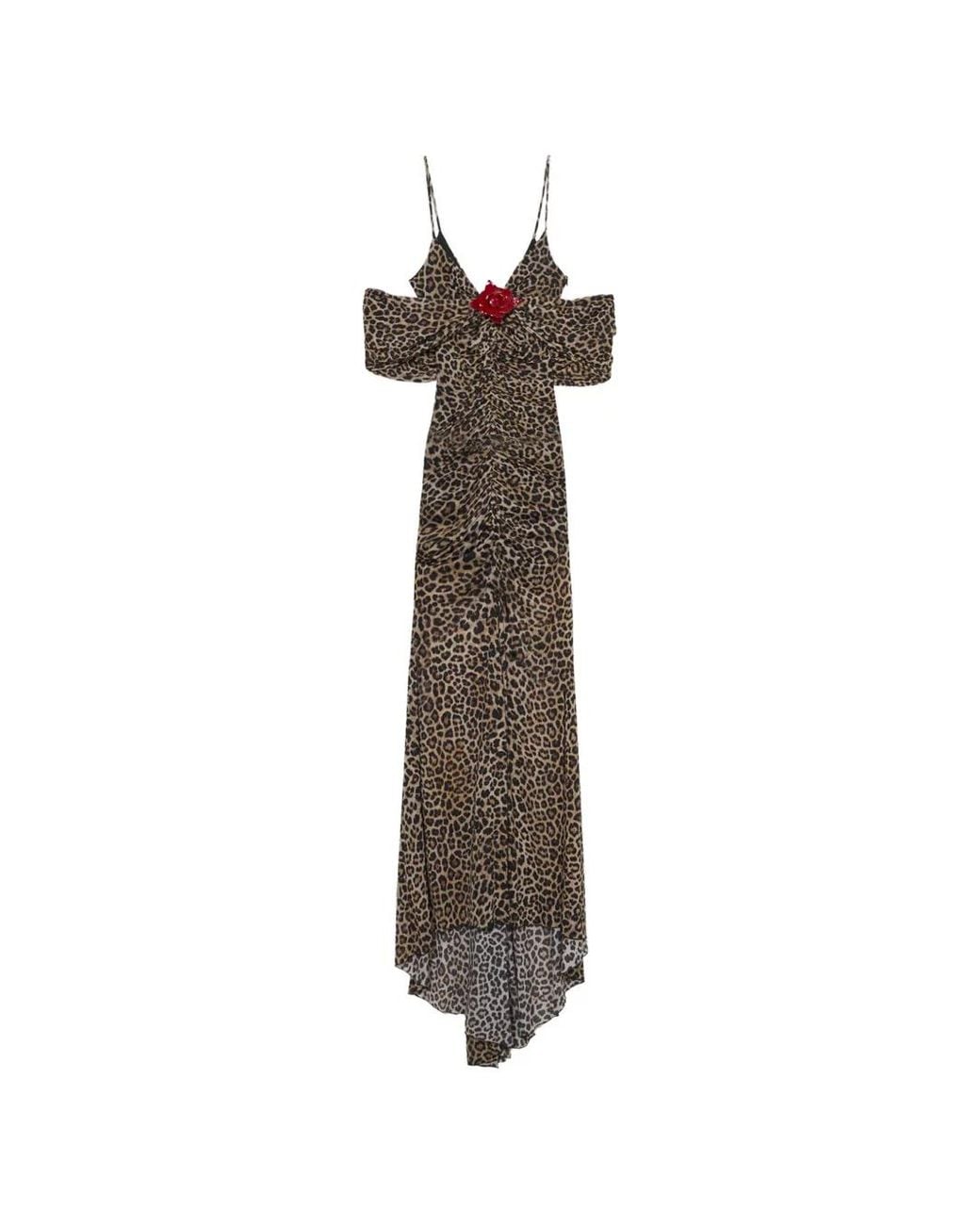 Blumarine White Leopard-Print Brooch-Detail Maxi Dress