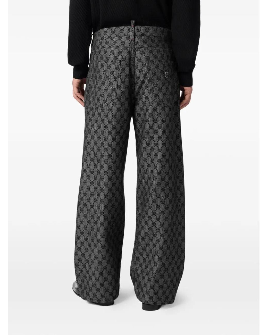 Philipp Plein Black Monogram-Print Wide-Leg Jeans for men