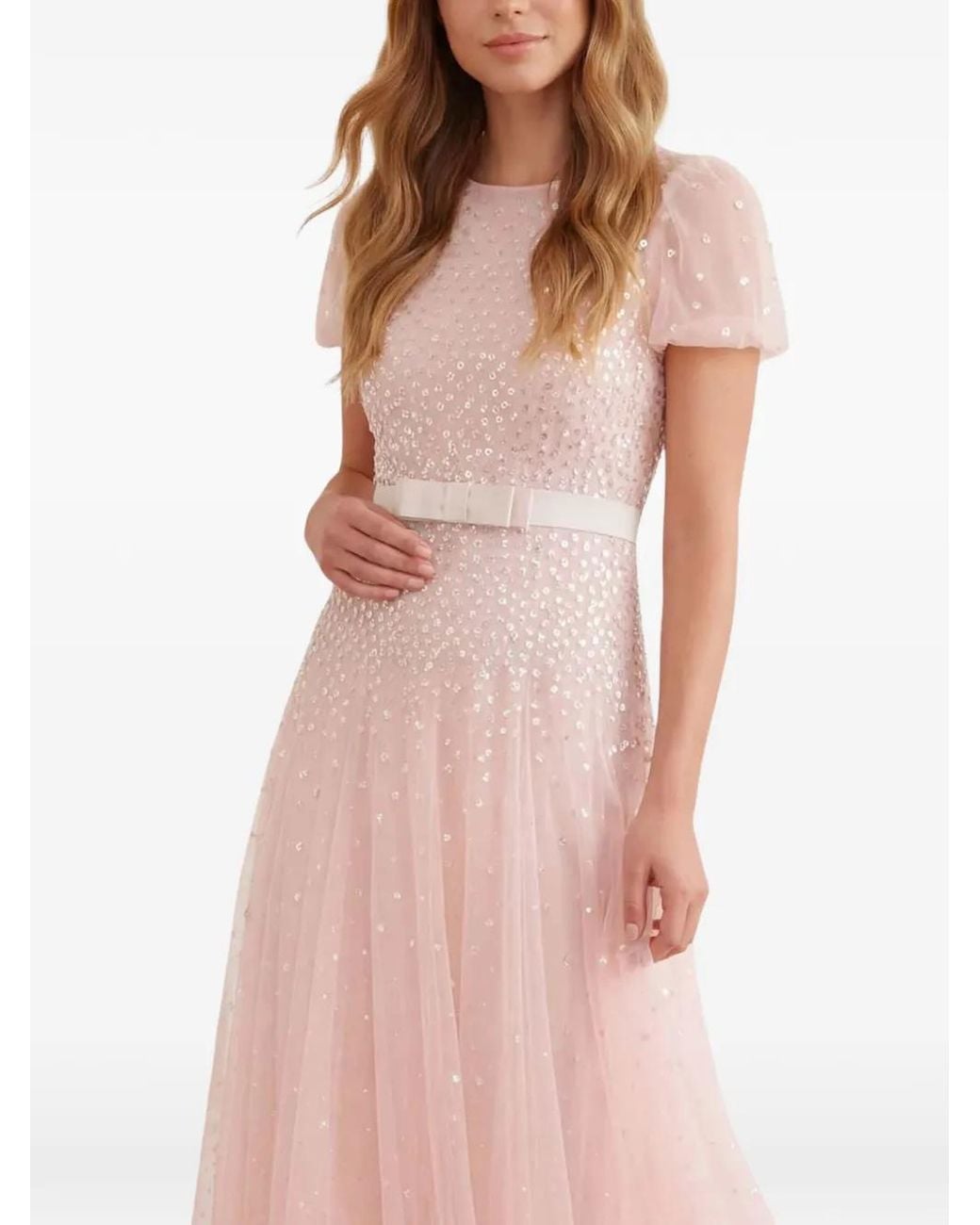 Needle & Thread Cascade Bow Short-Sleeve Maxi Gown in Pink | Lyst