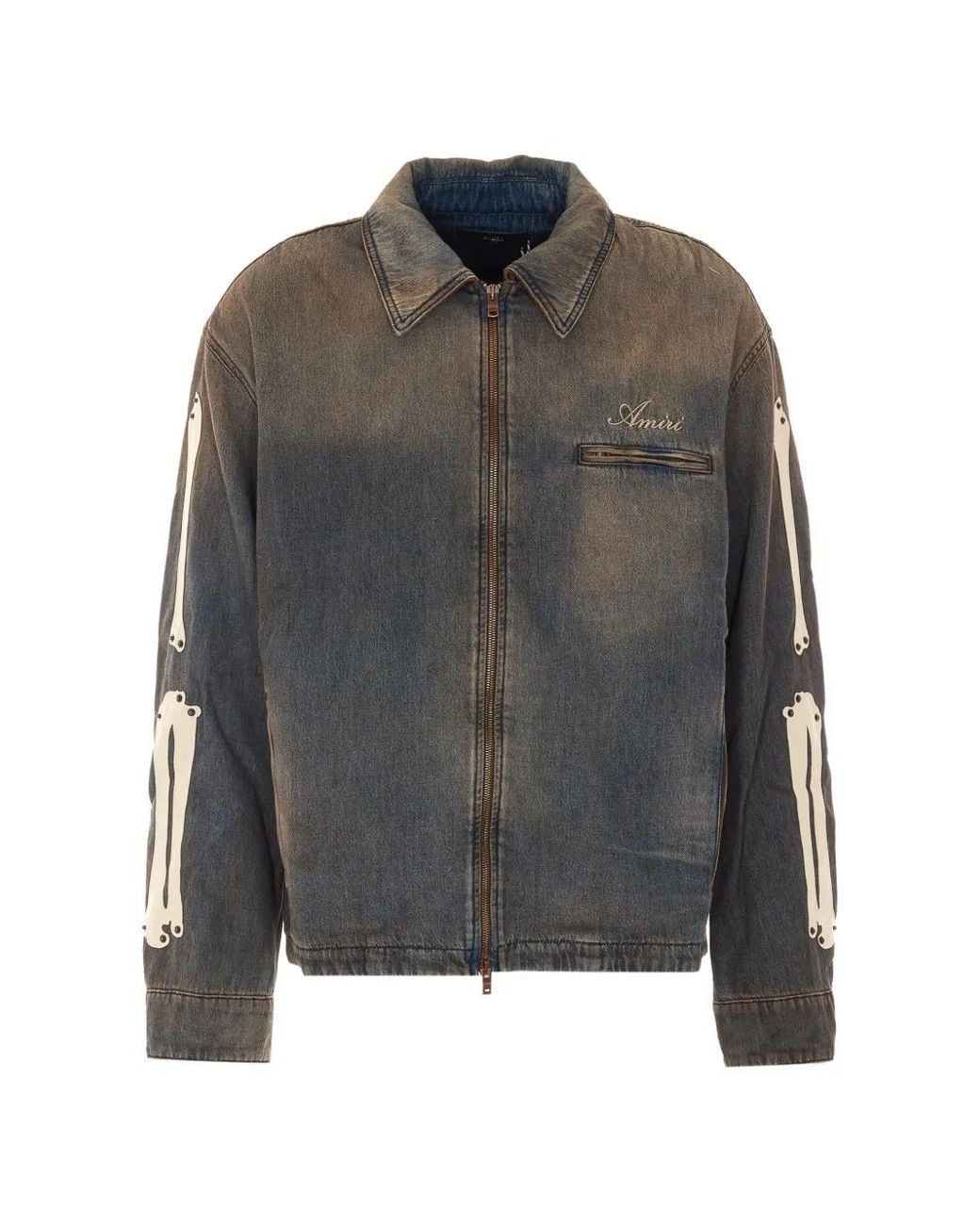 Amiri Gray Lea Bones Zip-Up Denim Jacket for men