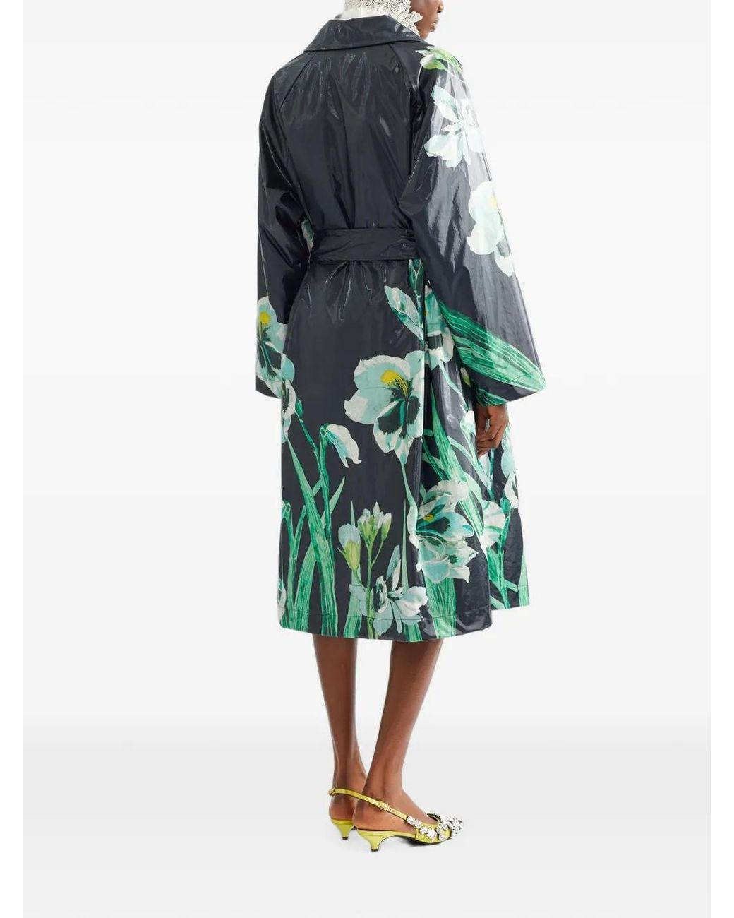 Erdem Green Floral-Print Coated Trench Coat