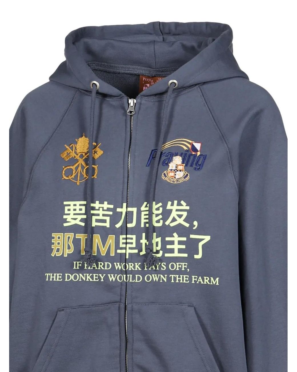 PRAYING Blue Hoodie Zippé Hard Work Brodé