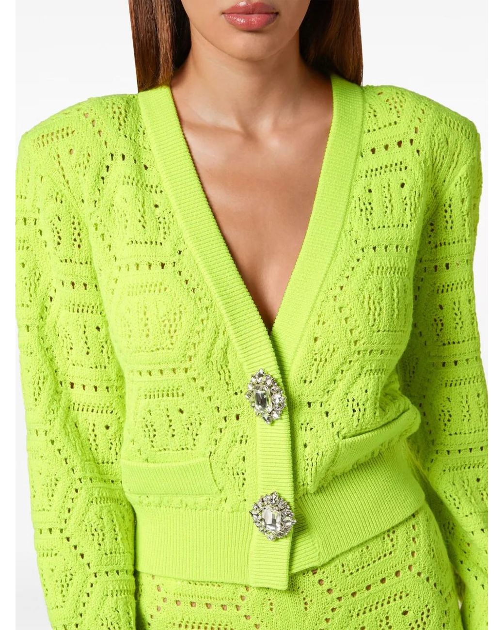 Philipp Plein Green Monogram-Intarsia Cropped Cardigan