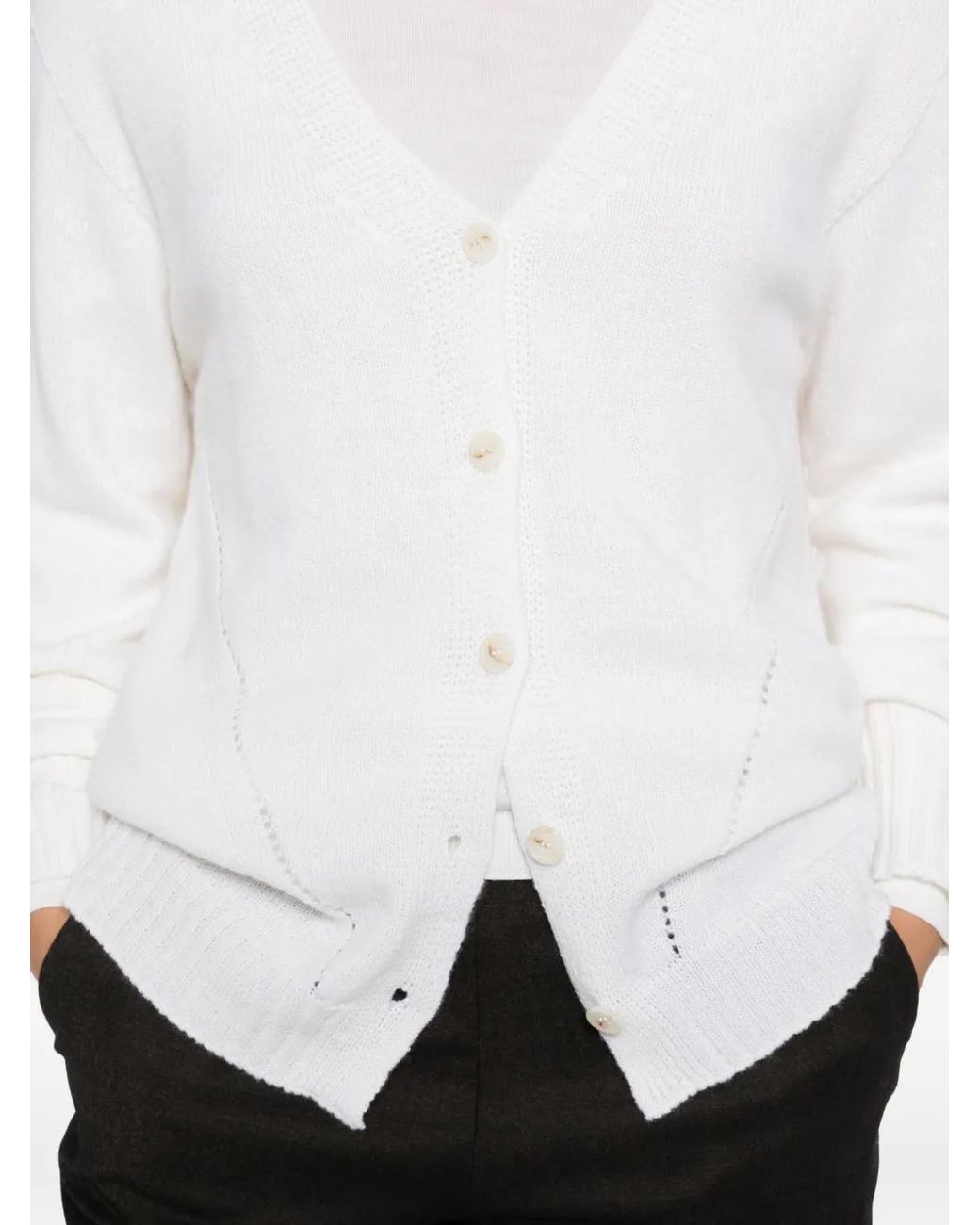 Whyci White Pointelle-Trim V-Neck Cardigan
