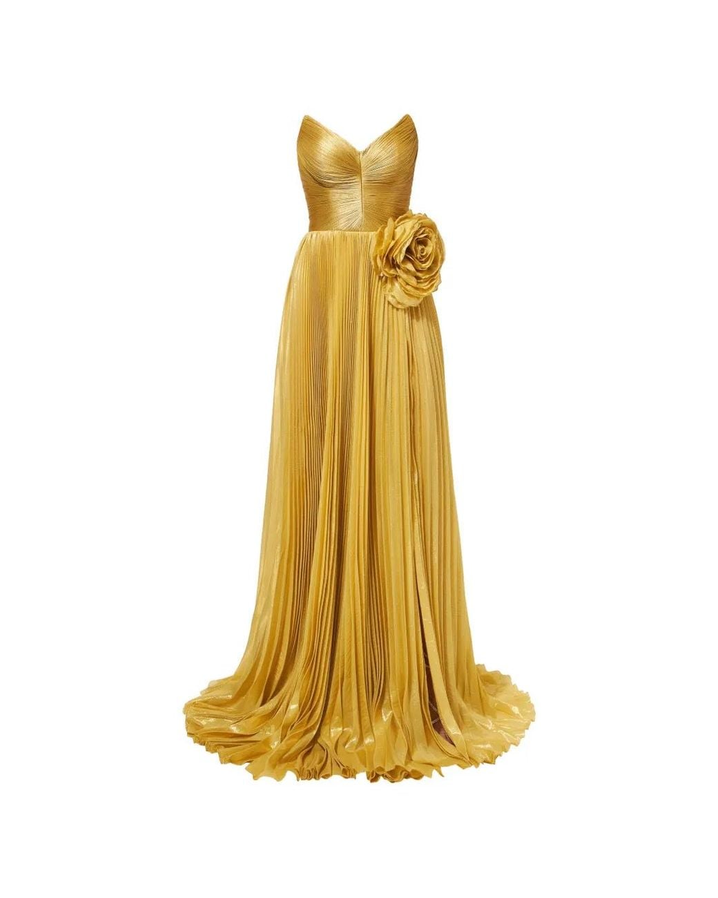 IRIS SERBAN Yellow Mey Floral-Appliqué Pleated Gown