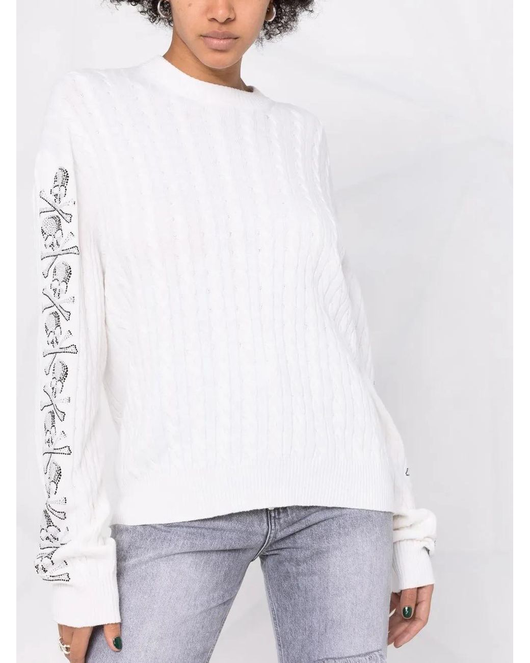 Philipp Plein White Sequin Skull Pullover Jumper