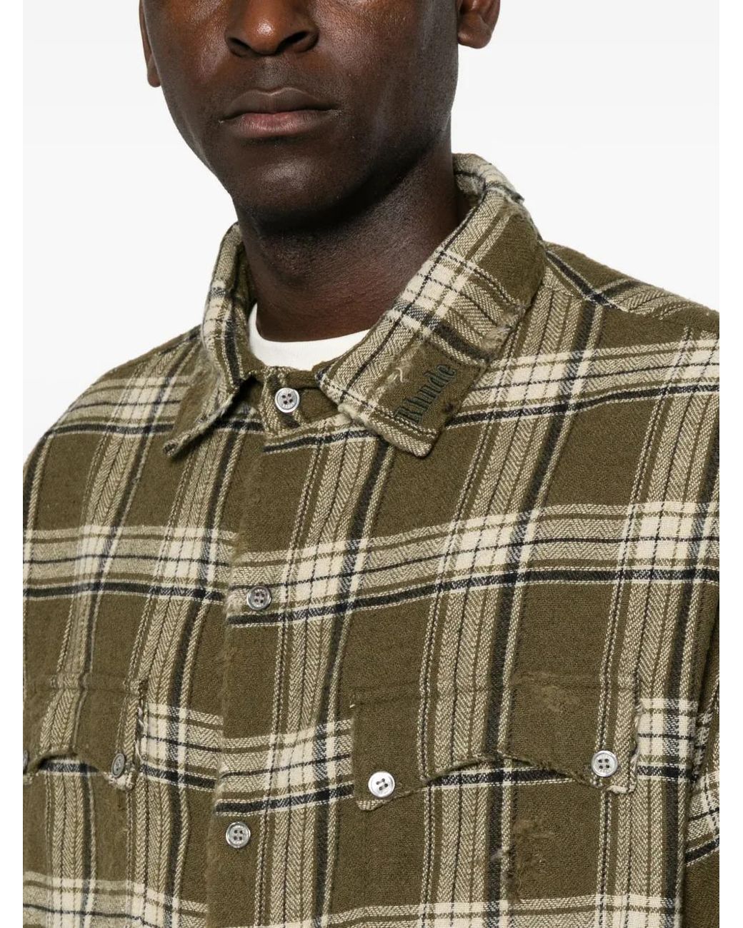 Rhude Green Check-Pattern Distressed-Effect Shirt for men