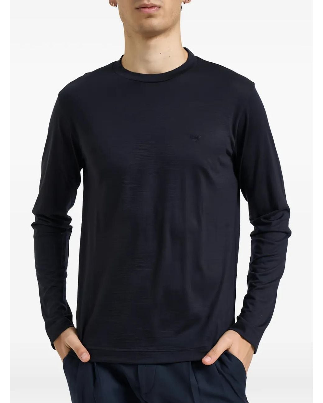 Emporio Armani Blue Logo-Embroidered Long-Sleeve Wool T-Shirt for men