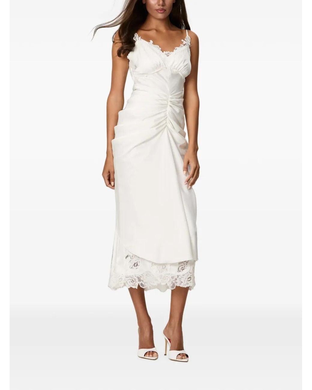 NORINA ST White Lace Slip Ruched Slip Midi Dress