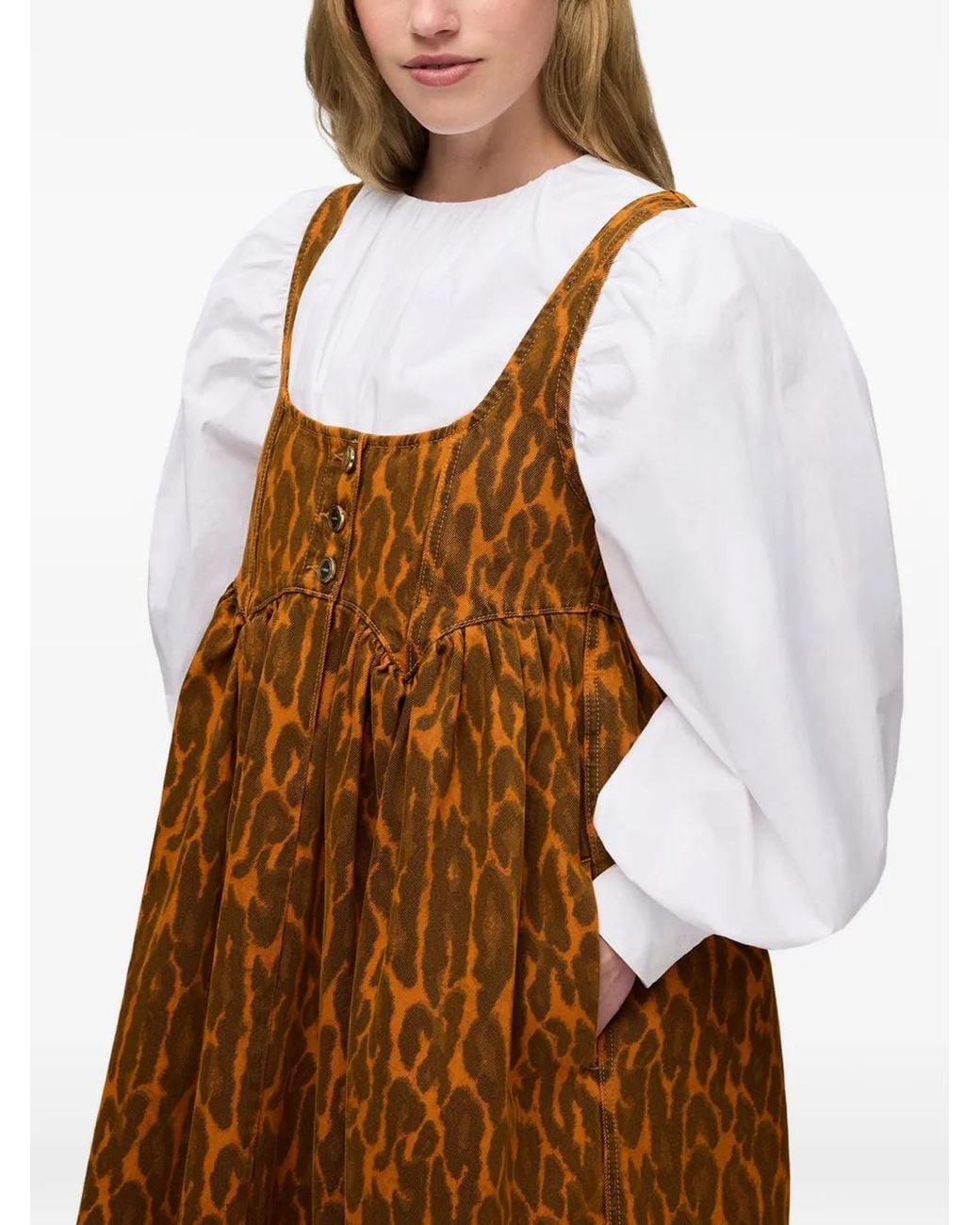 Ganni Brown Leopard-Print Denim Dress