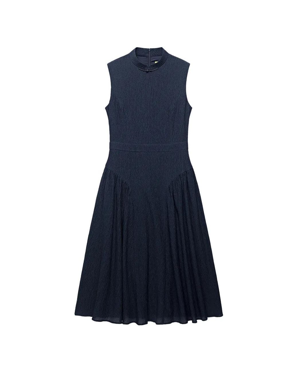 Shanghai Tang Blue Meridien Seersucker Frog-Fastening Midi Dress