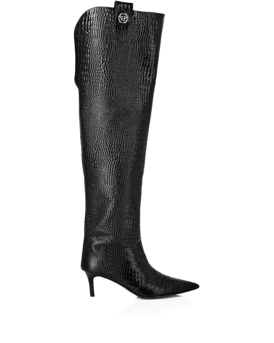 Philipp Plein Black Low-Heel Overknee Boots Cocco Print