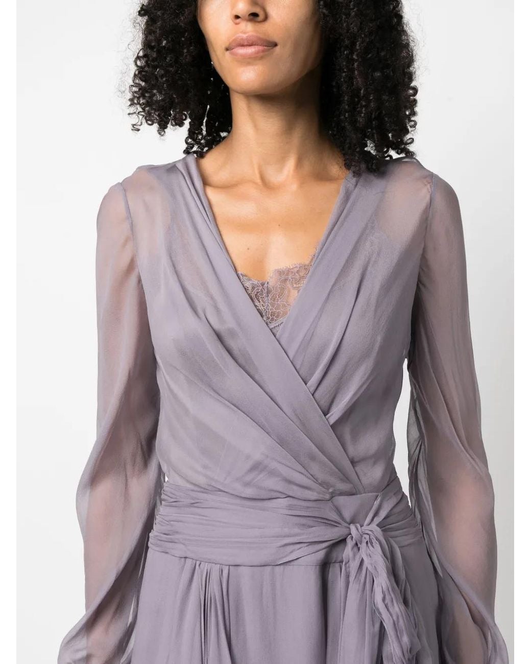 Alberta Ferretti Purple Pleated Silk-Chiffon Long-Sleeved Wrap Dress