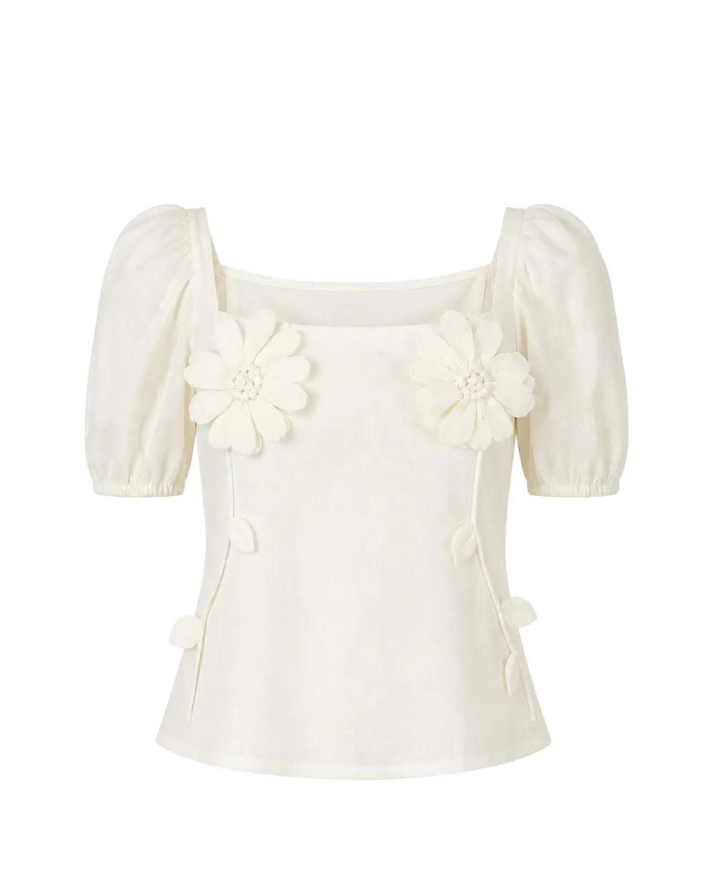 Farm Rio White Flower-Appliqué Puff-Sleeve Blouse