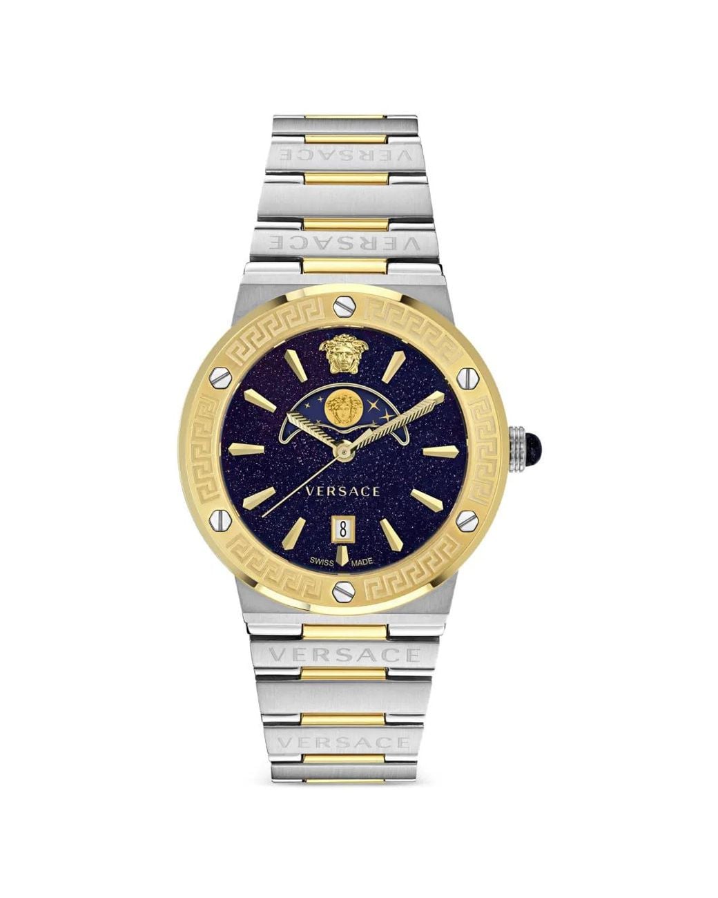 Versace Metallic Greca Logo Moonphase 45Mm Watch