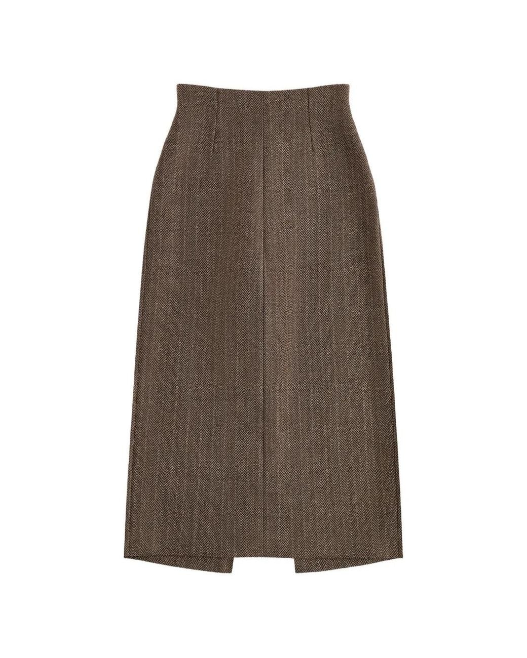 Maison Margiela Brown Herringbone Virgin Wool Midi Skirt