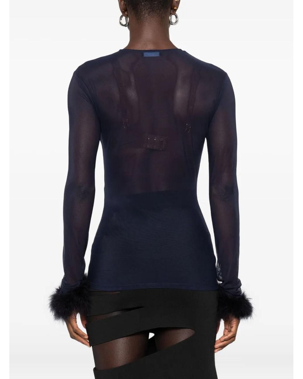 Mugler Blue Mesh Feather-cuff Top