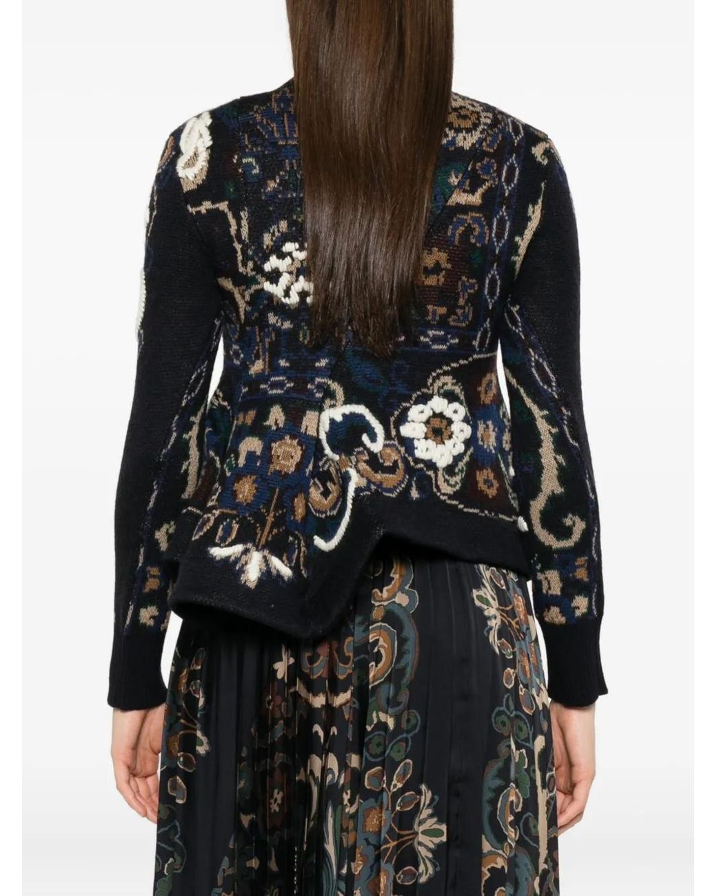 Sacai Black Floral-Pattern Embellished Sweater